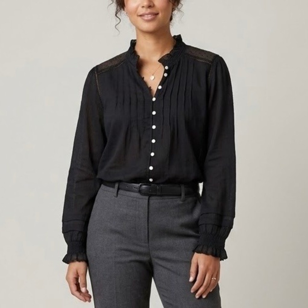 Quince Textured Peasant Blouse 100% Organic Cotton Black Ruffle Pintuck Size XL